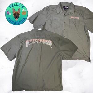 Harley Davidson Shirt Canvas Garage Military Green Button Up‎ Short Sleeve XXL